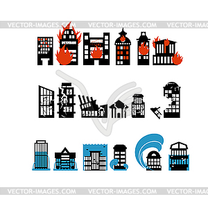 Silhouettes of buildings of natural disasters. - vector clip art