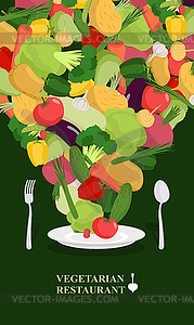 Vegetarian restaurant. Fresh vegetables on plate. - color vector clipart