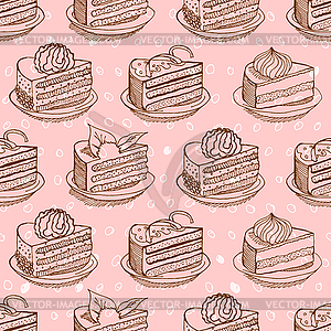Piece of cake on plate seamless pattern. drawing Pi - vector clip art