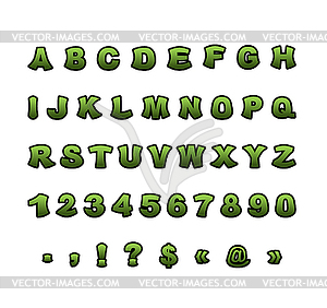 Mutant font. Green rough comic alphabet in style. - vector image