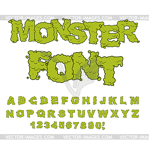 Monster font. Horrible Alphabet letters of green. - vector image