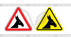 Warning sign attention donkey. Dangers yellow sign - vector image