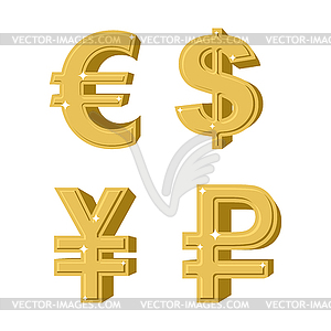 Set of golden symbols money. Russian ruble. Euro - stock vector clipart