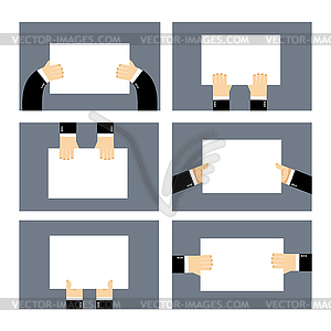 Set hands and white sheet Billboard. Blank paper - vector image