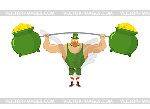 Strong leprechaun holds barbell and pot of full - vector clip art