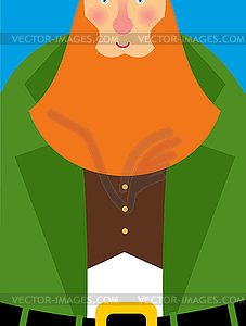 Good Leprechaun in green frock coat. Big Red - vector clipart