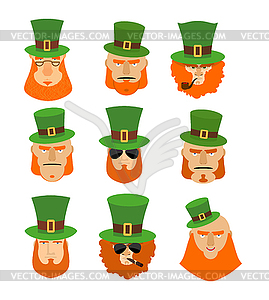 Leprechaun set head. Funny and serious facial - vector clipart