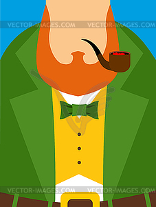 Leprechaun in yellow vest. Green old frock coat. - vector EPS clipart