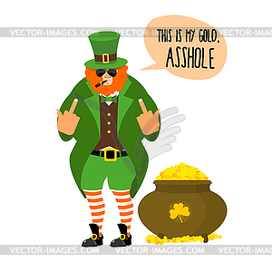 Bad leprechaun shows fuck. Bully with Red Beard. - vector image