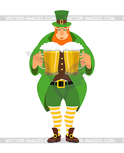 Leprechaun and beer. Good leprechaun keeps two - vector clipart