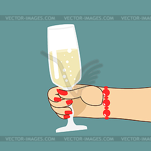 Womans hand with glass of champagne. Woman holds - vector image