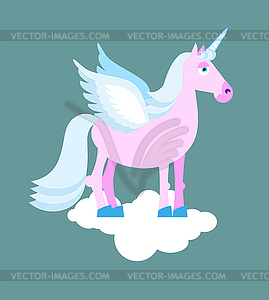 Purple Unicorn with blue mane on cloud. Mythical - vector clip art