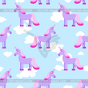 Purple Unicorn on blue sky with white clouds - stock vector clipart