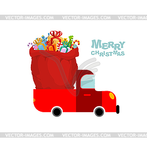 Merry Christmas. Machine carries bag of gifts. Car - vector clip art