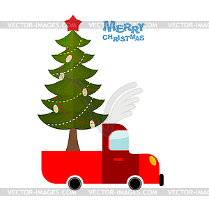 Christmas tree in car. Truck carries decorated - vector image