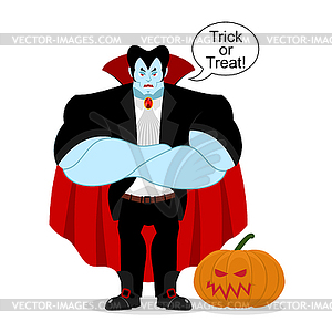 Dracula and pumpkin. Serious Powerful vampire guard - vector clip art