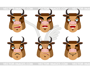 Emotions cow. Set expressions avatar bull. Good - vector image