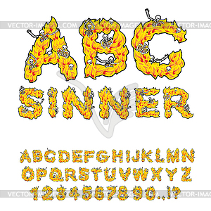 Sinner font. Letters of flames. Skeletons in hell - vector clipart