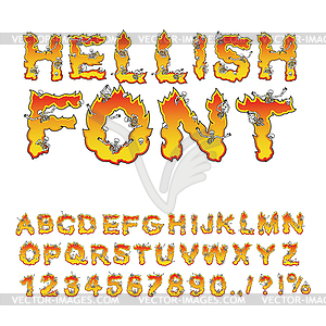 Hellish font. inferno ABC. Fire letters. Sinners - vector image