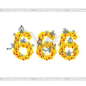 666 number of devil. Fire numeric. Skeletons in - vector image