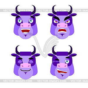 Purple cow Emotions. Set expressions avatar bull. - vector image