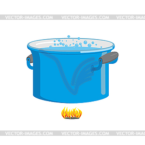 Pot of boiling water on fire. Cooking food. Blue - vector image