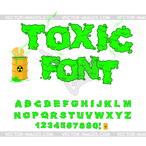 Toxic font. Green alphabet nuclear waste. Venomous - vector image