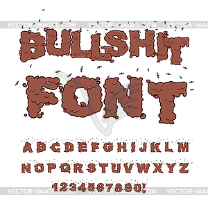 Bullshit font. Alphabet of poop with flies. Shit - vector image