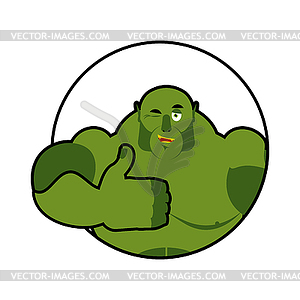 Goblin shows well. Sign all right. Thumbs up. Hand - vector clipart