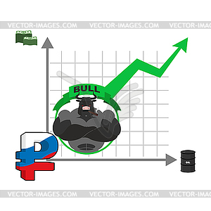 Bull and graph growth of Russian ruble. Quotations - vector clip art