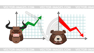 Bull business graph. Growing up green arrow. Bear - vector image