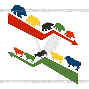 Bulls and bears. Rise and fall of quotations on - vector clip art