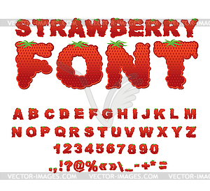 Strawberry font. Berry ABC. Red fresh fruit - vector clipart