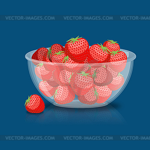 Strawberries in glass bowl. Berries in deep dish - vector clipart