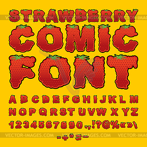 Strawberry comic font. Berry ABC. Red fresh fruit - vector clipart