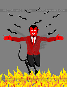 Red Devil in hell. Funny demon and bat. Satan with - vector clipart