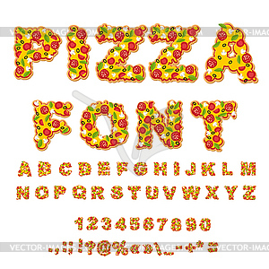 Pizza font. Letters dough. Food Alphabet. Fast - vector image