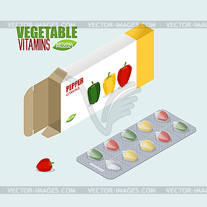 Pepper vitamins. Vegetarian pills. Tablets in - vector image