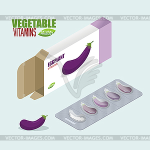 Eggplant vitamins. Vegetarian pills. Tablets in - vector clipart