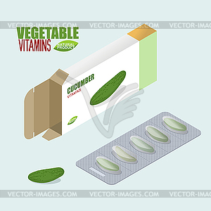 Cucumber pills in pack. Vegetarian Vitamins. Tablet - royalty-free vector image