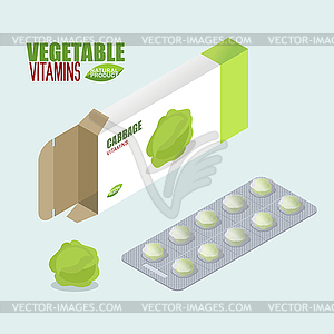 Cabbage vitamins. Vegetarian pills. Diet pills in - vector image