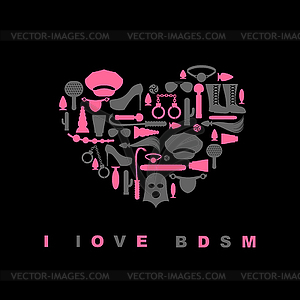 Я люблю БДСМ. Секс игрушки в форме сердца. Эмблема для - изображение в векторе / векторный клипарт