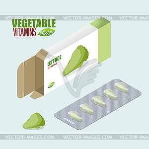 Lettuce pills in pack. Vegetarian vitamins. Diet - vector clipart