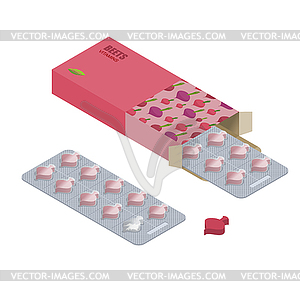 Beet pills in pack. Vegetarian vitamins. Tablets - vector clipart