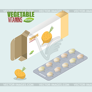 Turnip pills in pack. Vegetarian vitamins. Tablets - vector clipart