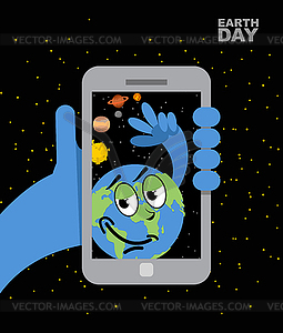 Earth Day. Earth selfie. Planet earth and mobile - royalty-free vector clipart