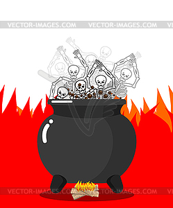 Sinners in cauldron in hell. Skeletons are cooked i - vector image