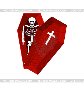 Skeleton in coffin. Open casket and skull and bones - vector image