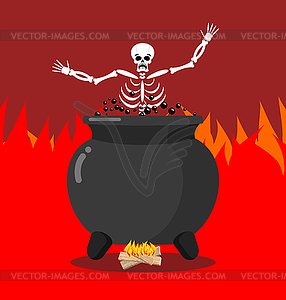 Sinners in cauldron in hell. Skeletons are cooked i - vector image