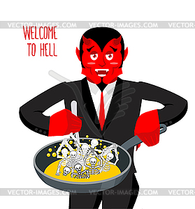 Satan roasts sinners in pan. Skeletons in boiling - vector clipart